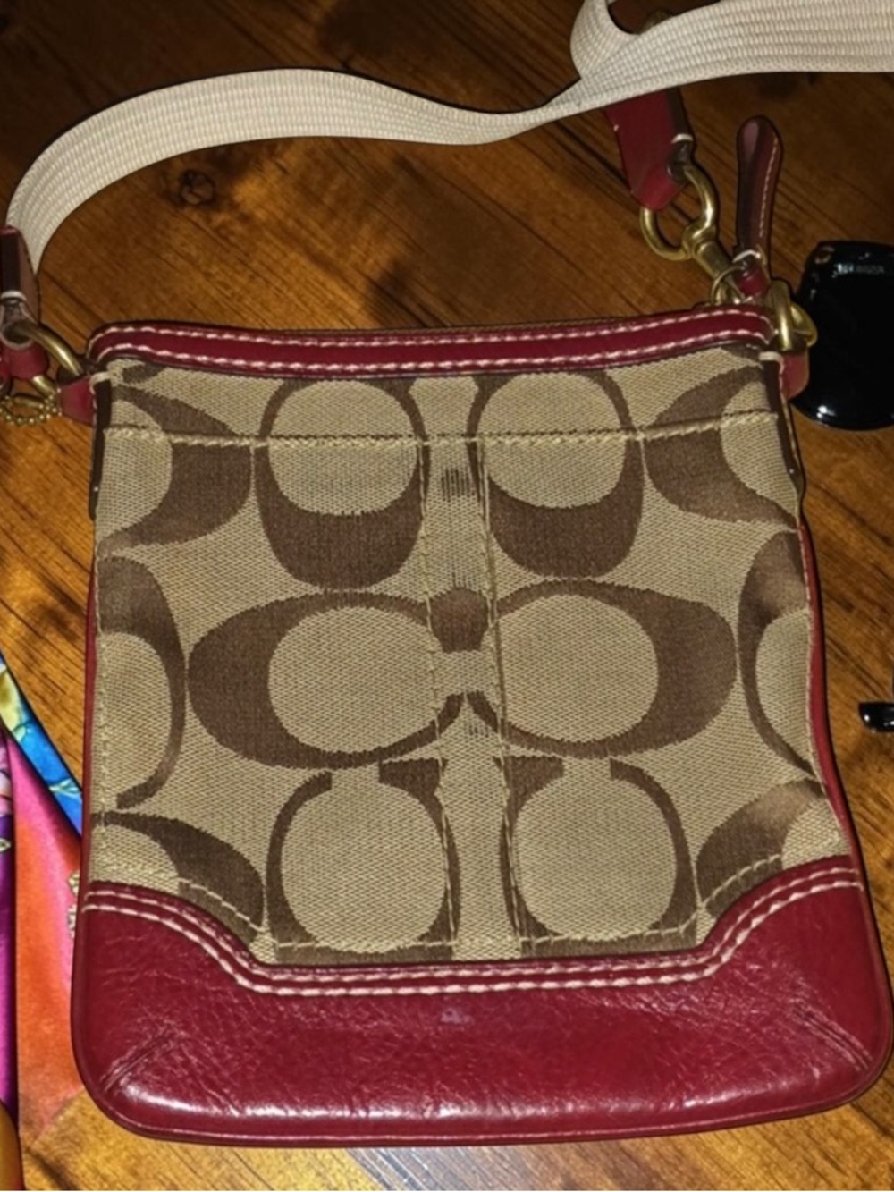 Coach Y2K Signature Stripe Swingpack Crossbody Khaki Brown Red Canvas Leather - Picture 3 of 9